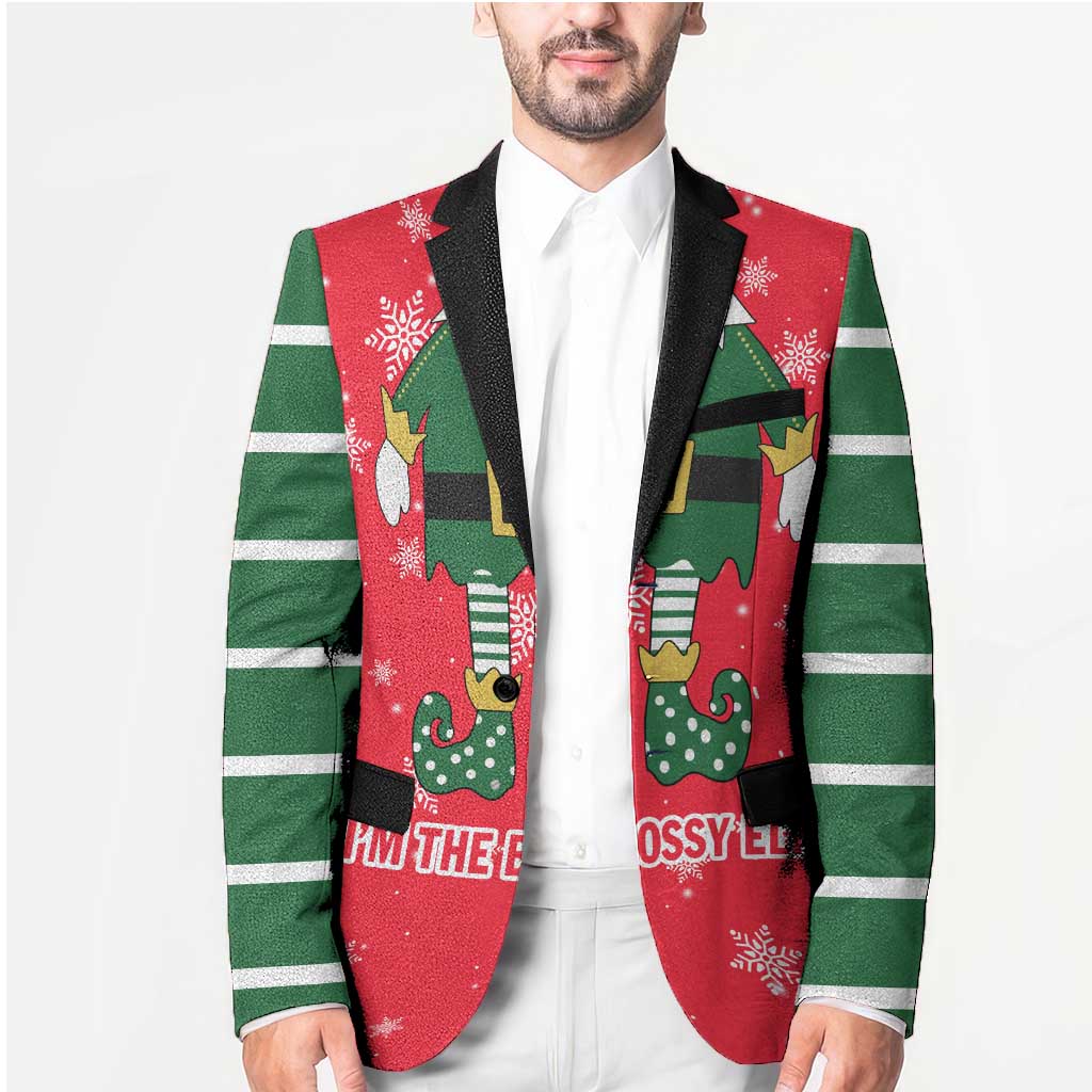Bossy Elf Christmas Blazer with Snowflakes and Striped Sleeves - Wonder Print Shop