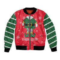 Bossy Elf Christmas Bomber Jacket with Snowflakes and Striped Sleeves - Wonder Print Shop