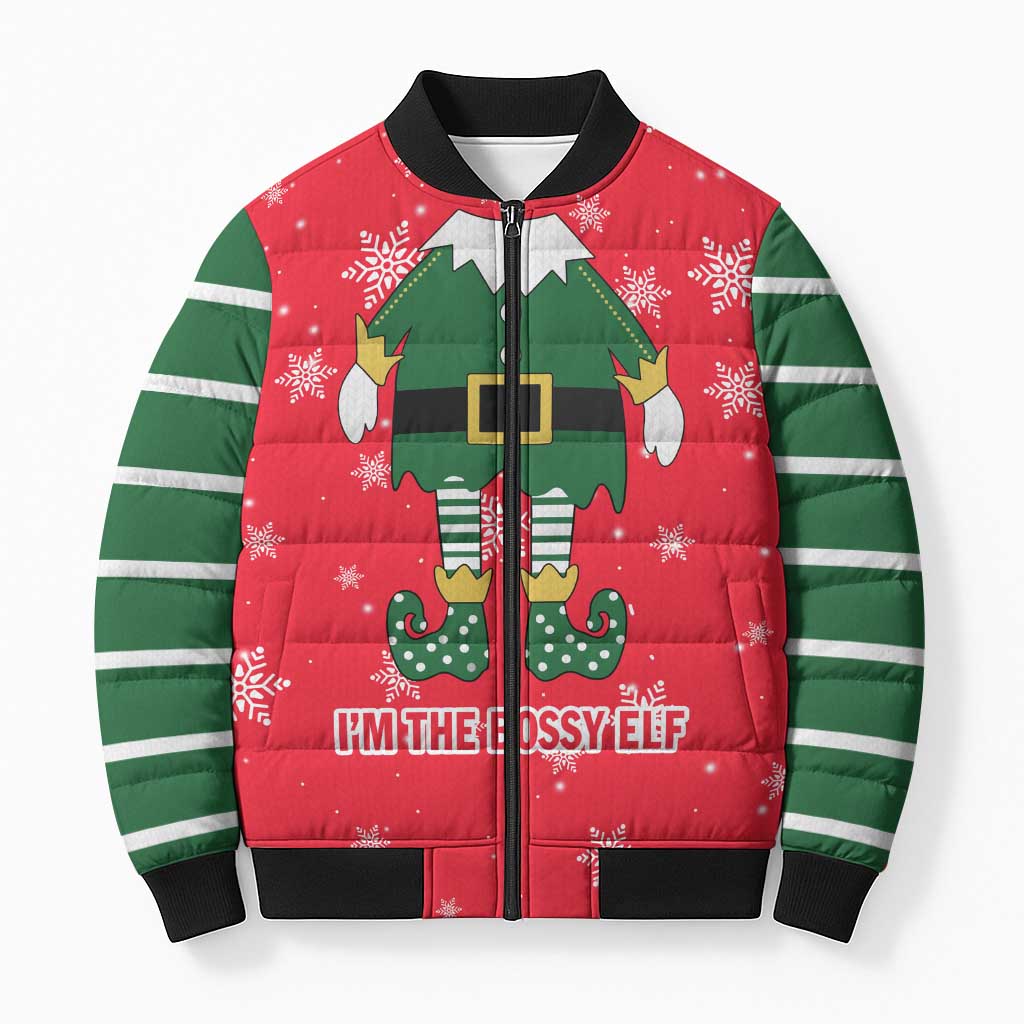 Bossy Elf Christmas Bomber Puffer Jacket with Snowflakes and Striped Sleeves - Wonder Print Shop
