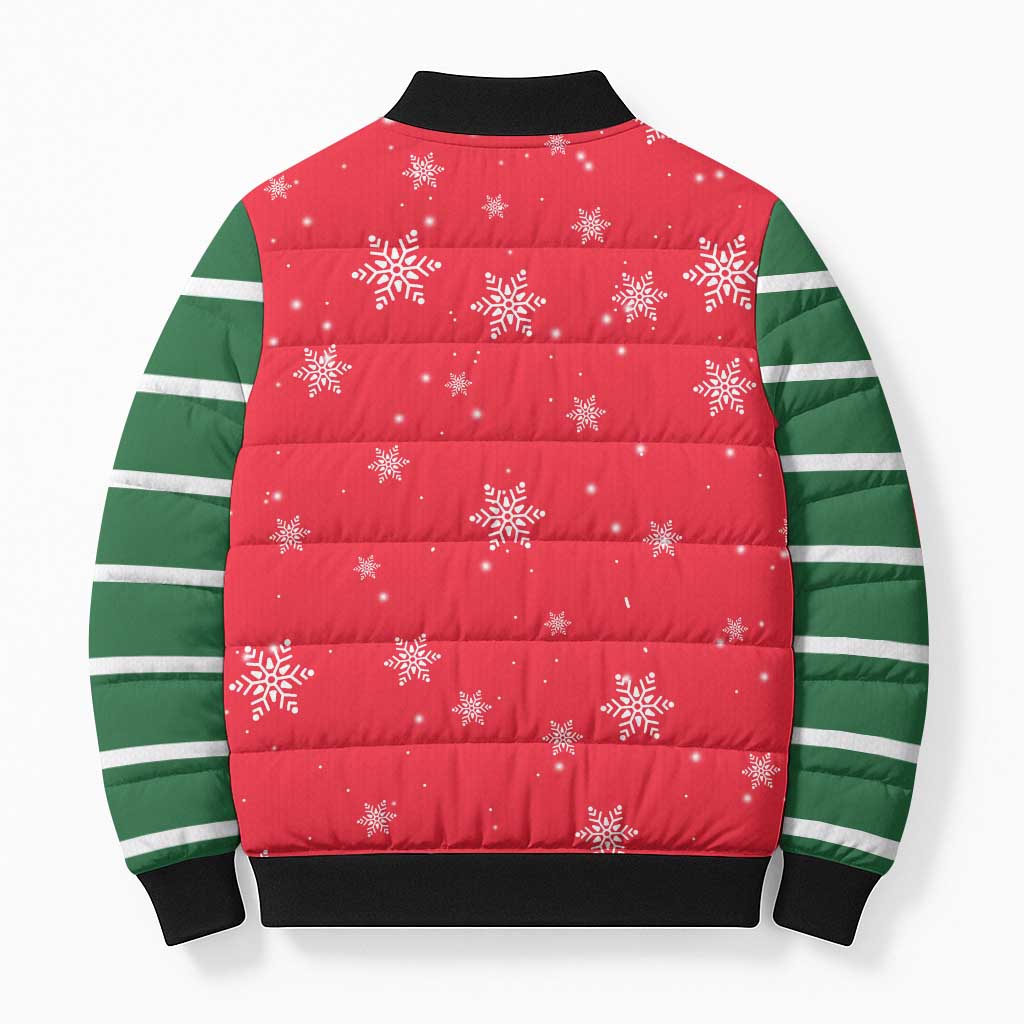 Bossy Elf Christmas Bomber Puffer Jacket with Snowflakes and Striped Sleeves - Wonder Print Shop