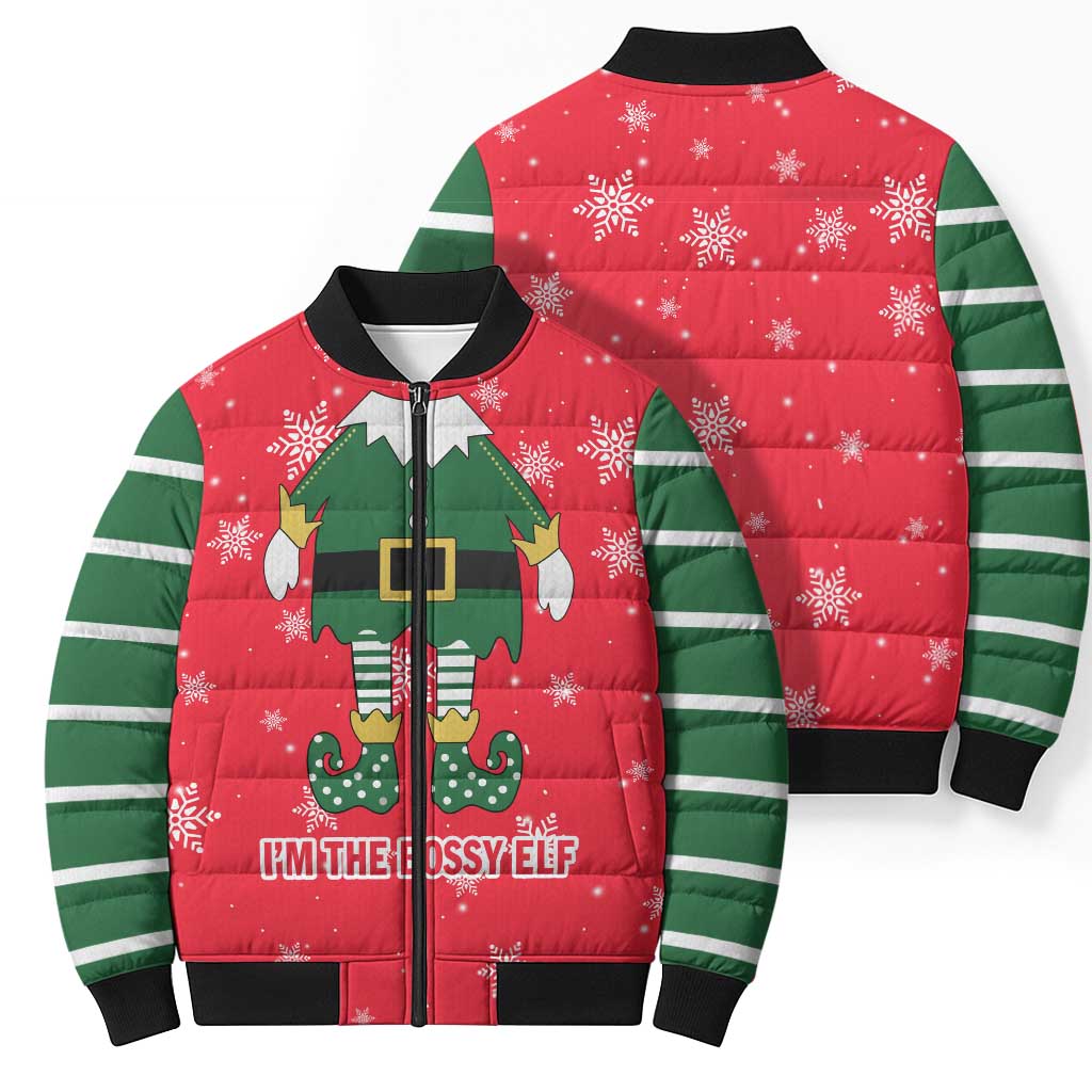 Bossy Elf Christmas Bomber Puffer Jacket with Snowflakes and Striped Sleeves - Wonder Print Shop