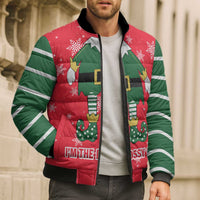 Bossy Elf Christmas Bomber Puffer Jacket with Snowflakes and Striped Sleeves - Wonder Print Shop