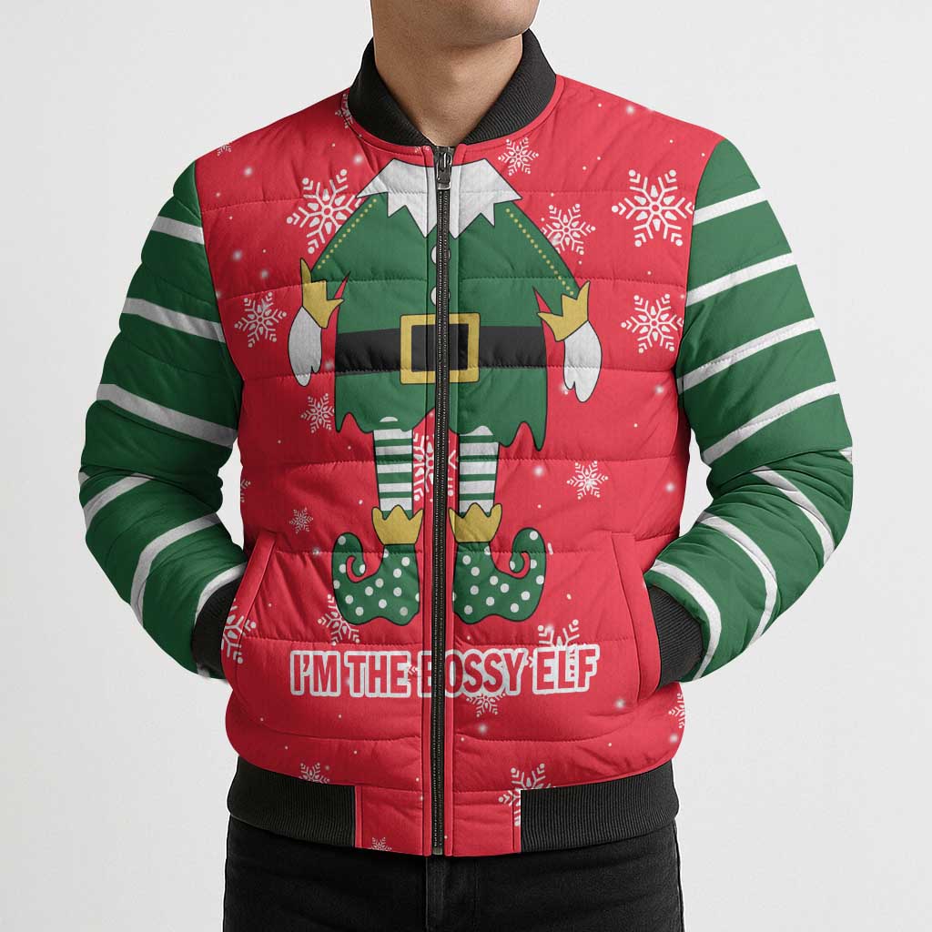 Bossy Elf Christmas Bomber Puffer Jacket with Snowflakes and Striped Sleeves - Wonder Print Shop