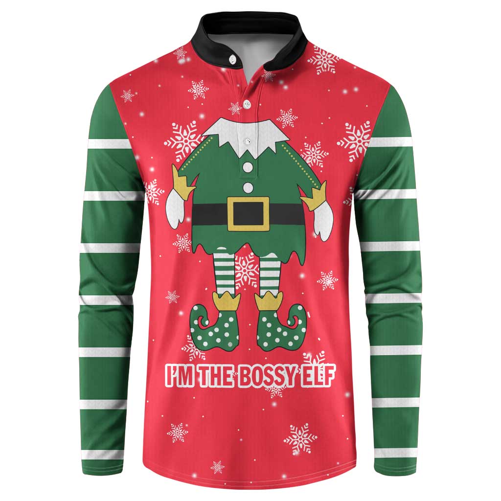 Bossy Elf Christmas Button Sweatshirt with Snowflakes and Striped Sleeves - Wonder Print Shop