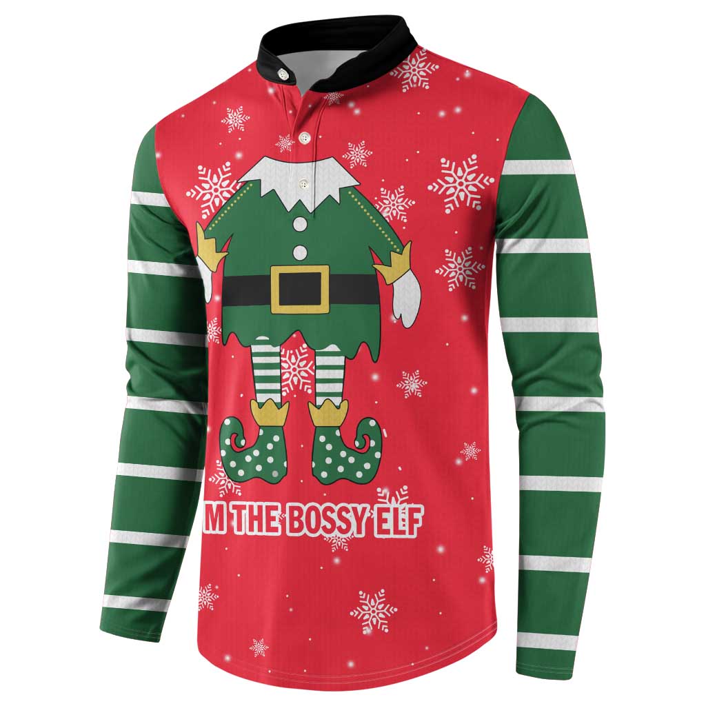 Bossy Elf Christmas Button Sweatshirt with Snowflakes and Striped Sleeves - Wonder Print Shop