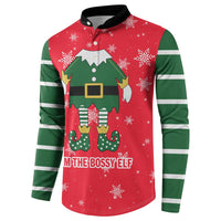 Bossy Elf Christmas Button Sweatshirt with Snowflakes and Striped Sleeves - Wonder Print Shop