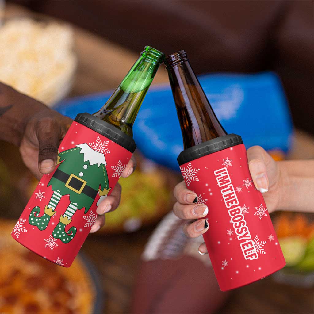 Bossy Elf Christmas 4 in 1 Can Cooler Tumbler with Snowflakes and Striped Sleeves - Wonder Print Shop