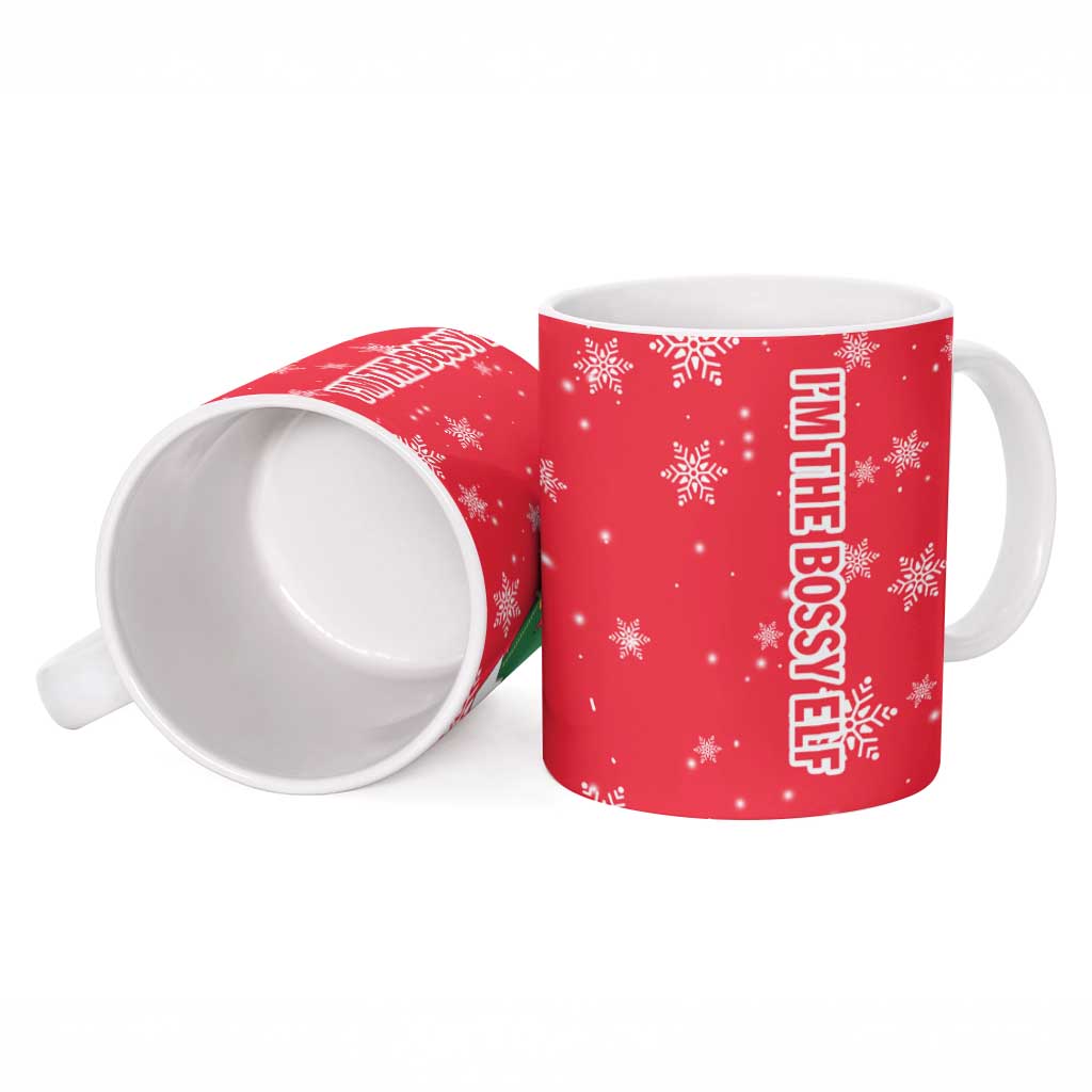 Bossy Elf Christmas Ceramic Mug with Snowflakes and Striped Sleeves - Wonder Print Shop