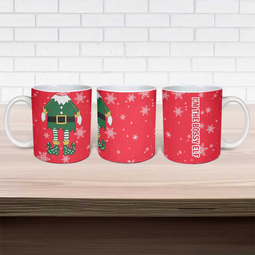 Bossy Elf Christmas Ceramic Mug with Snowflakes and Striped Sleeves - Wonder Print Shop