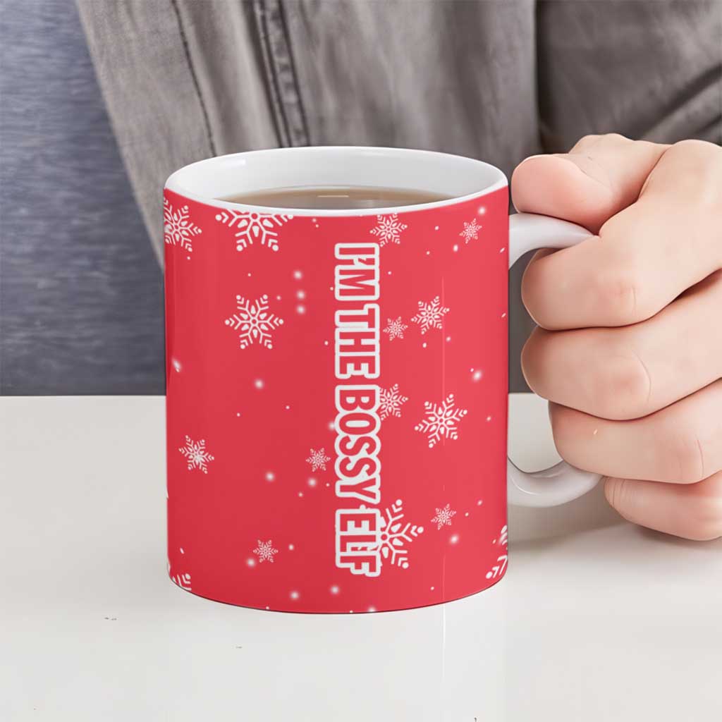 Bossy Elf Christmas Ceramic Mug with Snowflakes and Striped Sleeves - Wonder Print Shop