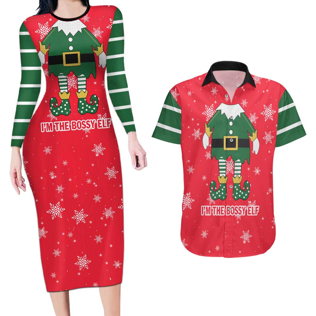 Bossy Elf Christmas Couples Matching Long Sleeve Bodycon Dress and Hawaiian Shirt with Snowflakes and Striped Sleeves - Wonder Print Shop