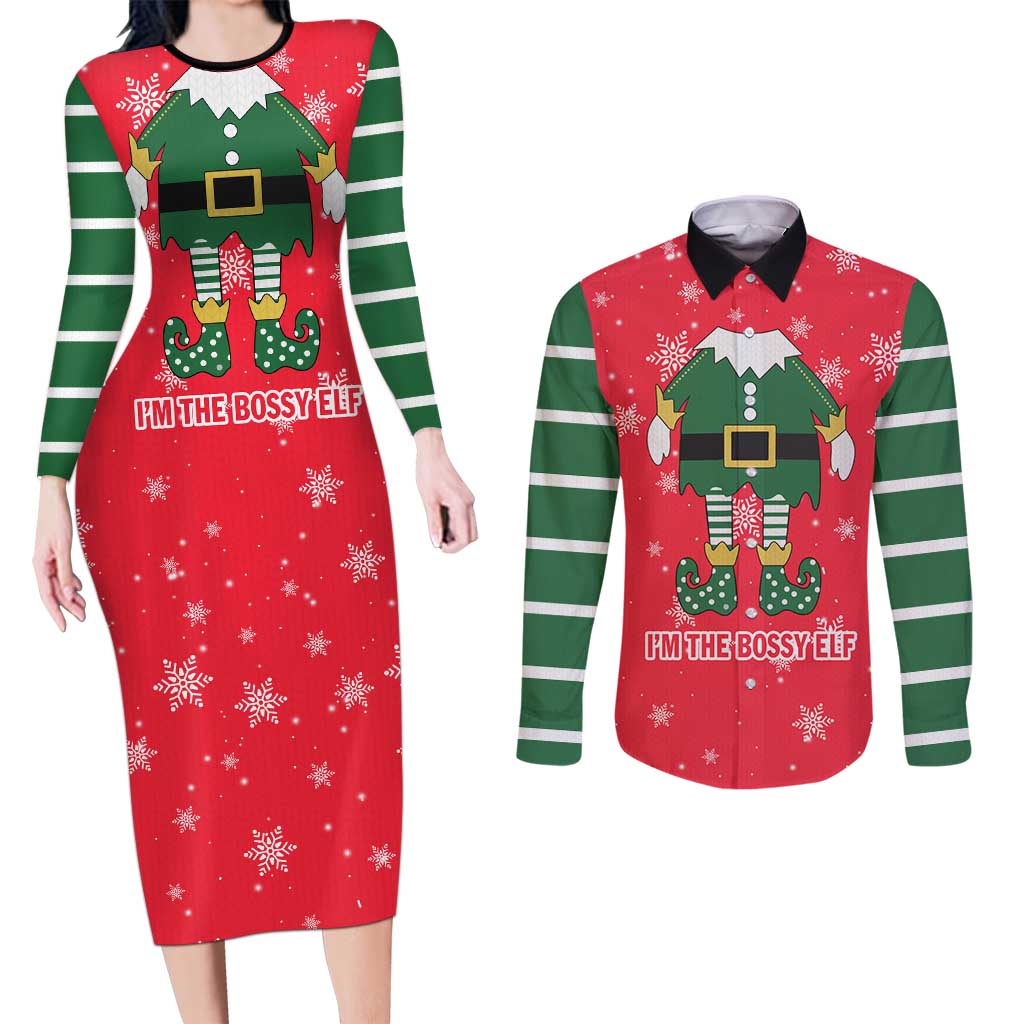 Bossy Elf Christmas Couples Matching Long Sleeve Bodycon Dress and Long Sleeve Button Shirt with Snowflakes and Striped Sleeves - Wonder Print Shop