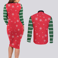 Bossy Elf Christmas Couples Matching Long Sleeve Bodycon Dress and Long Sleeve Button Shirt with Snowflakes and Striped Sleeves - Wonder Print Shop