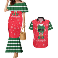 Bossy Elf Christmas Couples Matching Mermaid Dress and Hawaiian Shirt with Snowflakes and Striped Sleeves - Wonder Print Shop