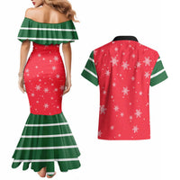 Bossy Elf Christmas Couples Matching Mermaid Dress and Hawaiian Shirt with Snowflakes and Striped Sleeves - Wonder Print Shop