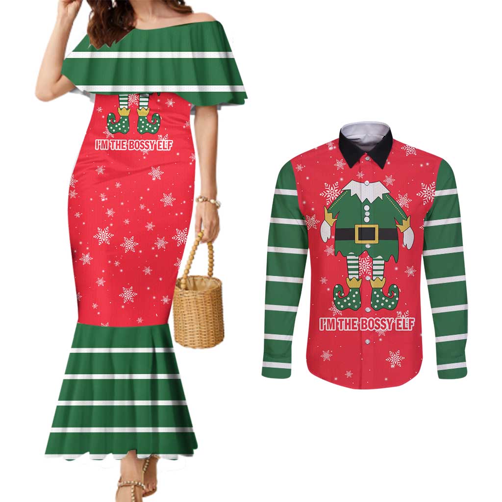 Bossy Elf Christmas Couples Matching Mermaid Dress and Long Sleeve Button Shirt with Snowflakes and Striped Sleeves - Wonder Print Shop