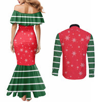 Bossy Elf Christmas Couples Matching Mermaid Dress and Long Sleeve Button Shirt with Snowflakes and Striped Sleeves - Wonder Print Shop