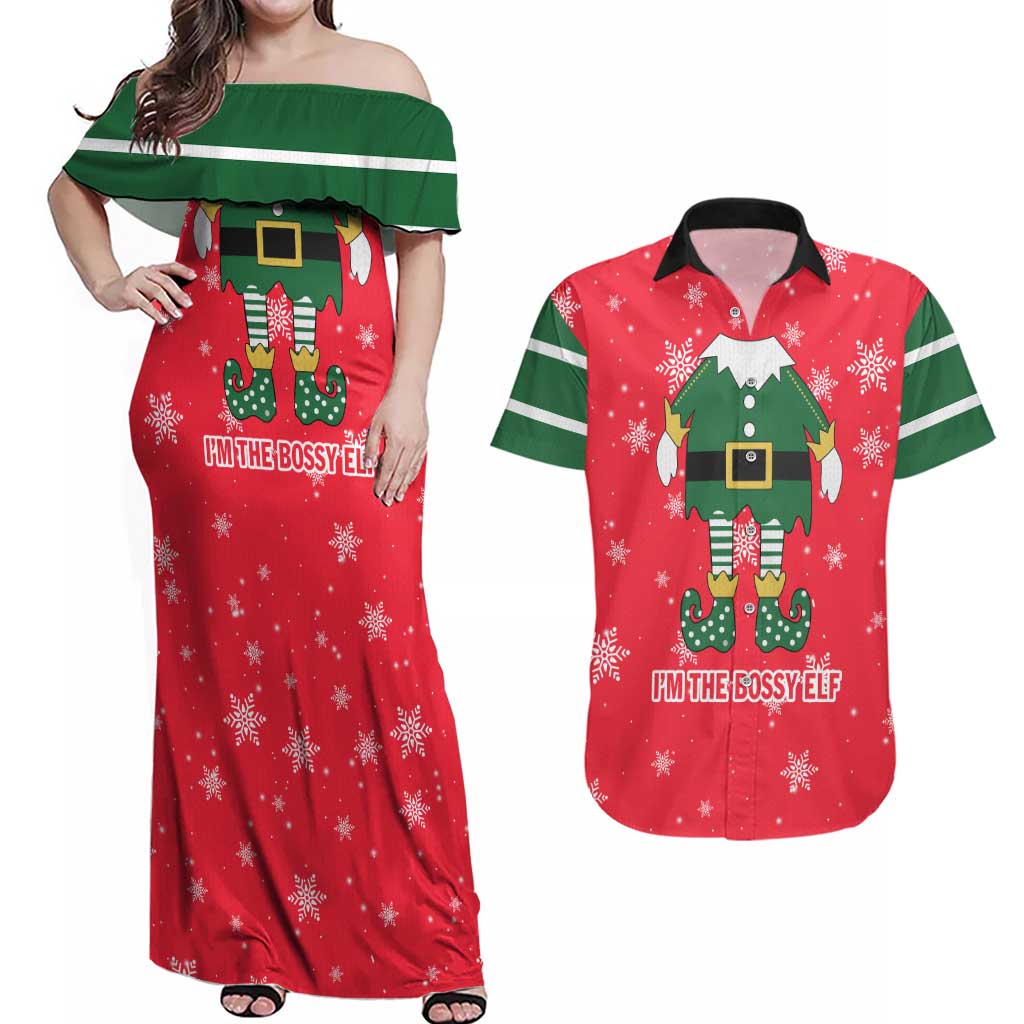 Bossy Elf Christmas Couples Matching Off Shoulder Maxi Dress and Hawaiian Shirt with Snowflakes and Striped Sleeves - Wonder Print Shop