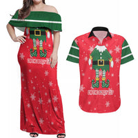 Bossy Elf Christmas Couples Matching Off Shoulder Maxi Dress and Hawaiian Shirt with Snowflakes and Striped Sleeves - Wonder Print Shop