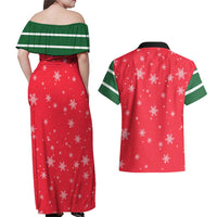 Bossy Elf Christmas Couples Matching Off Shoulder Maxi Dress and Hawaiian Shirt with Snowflakes and Striped Sleeves - Wonder Print Shop