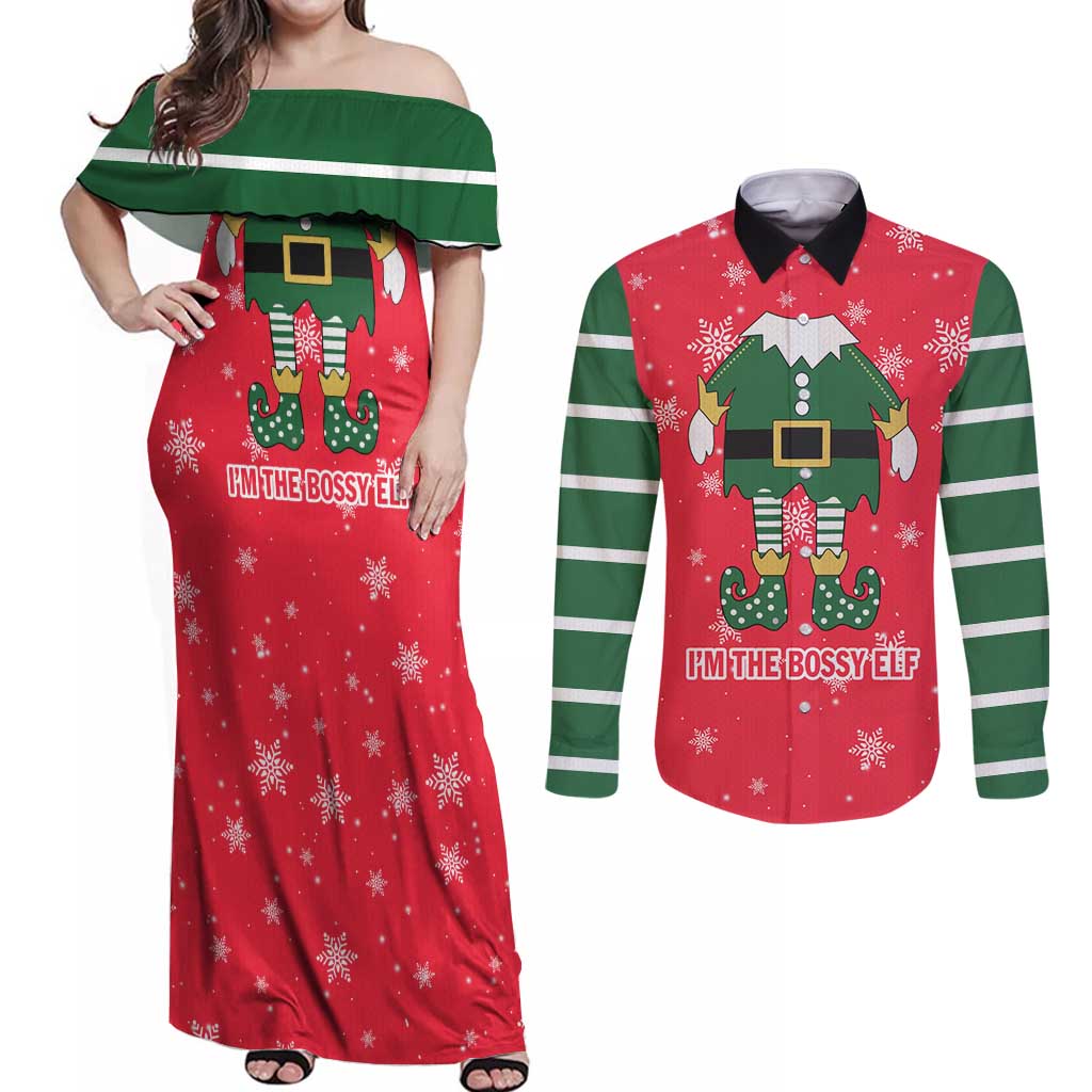 Bossy Elf Christmas Couples Matching Off Shoulder Maxi Dress and Long Sleeve Button Shirt with Snowflakes and Striped Sleeves - Wonder Print Shop