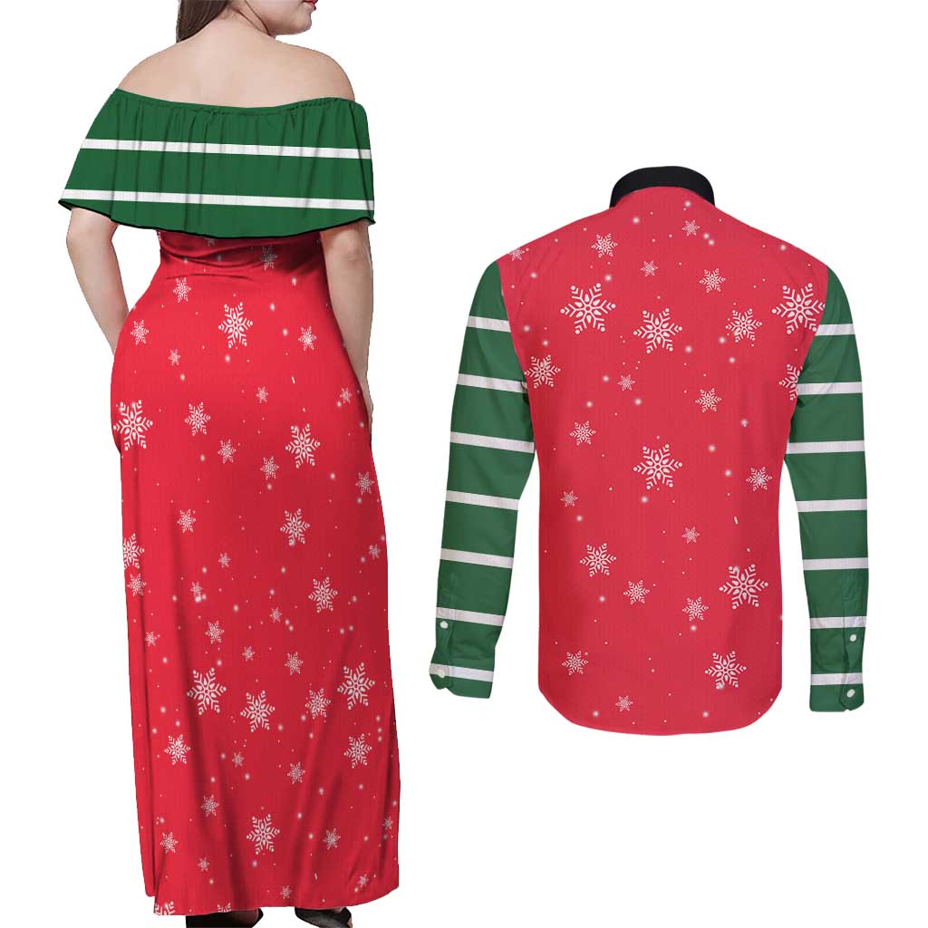 Bossy Elf Christmas Couples Matching Off Shoulder Maxi Dress and Long Sleeve Button Shirt with Snowflakes and Striped Sleeves - Wonder Print Shop