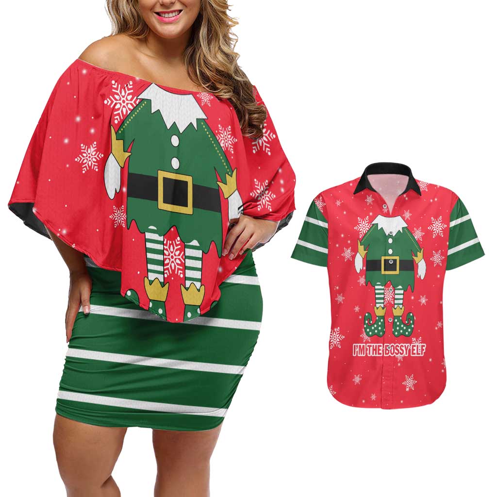 Bossy Elf Christmas Couples Matching Off Shoulder Short Dress and Hawaiian Shirt with Snowflakes and Striped Sleeves - Wonder Print Shop