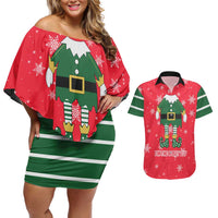 Bossy Elf Christmas Couples Matching Off Shoulder Short Dress and Hawaiian Shirt with Snowflakes and Striped Sleeves - Wonder Print Shop