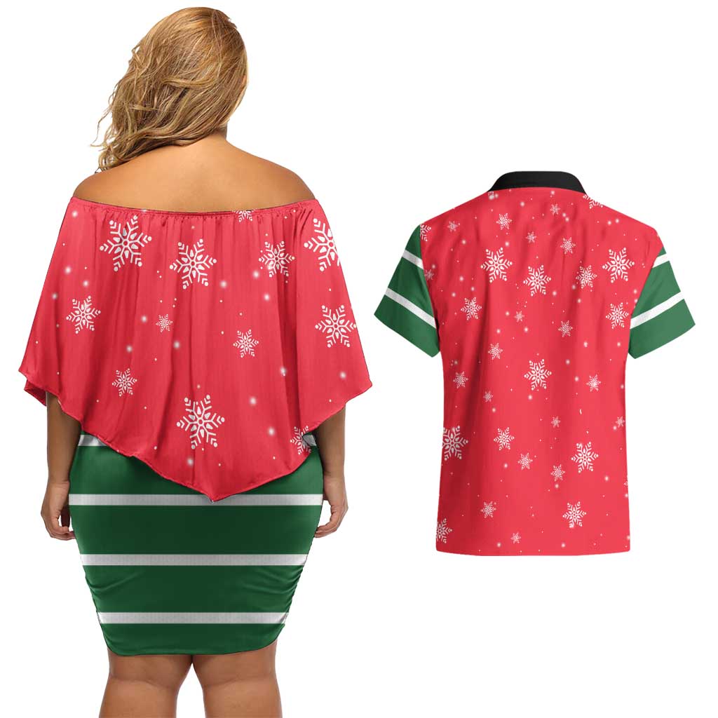 Bossy Elf Christmas Couples Matching Off Shoulder Short Dress and Hawaiian Shirt with Snowflakes and Striped Sleeves - Wonder Print Shop