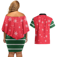 Bossy Elf Christmas Couples Matching Off Shoulder Short Dress and Hawaiian Shirt with Snowflakes and Striped Sleeves - Wonder Print Shop