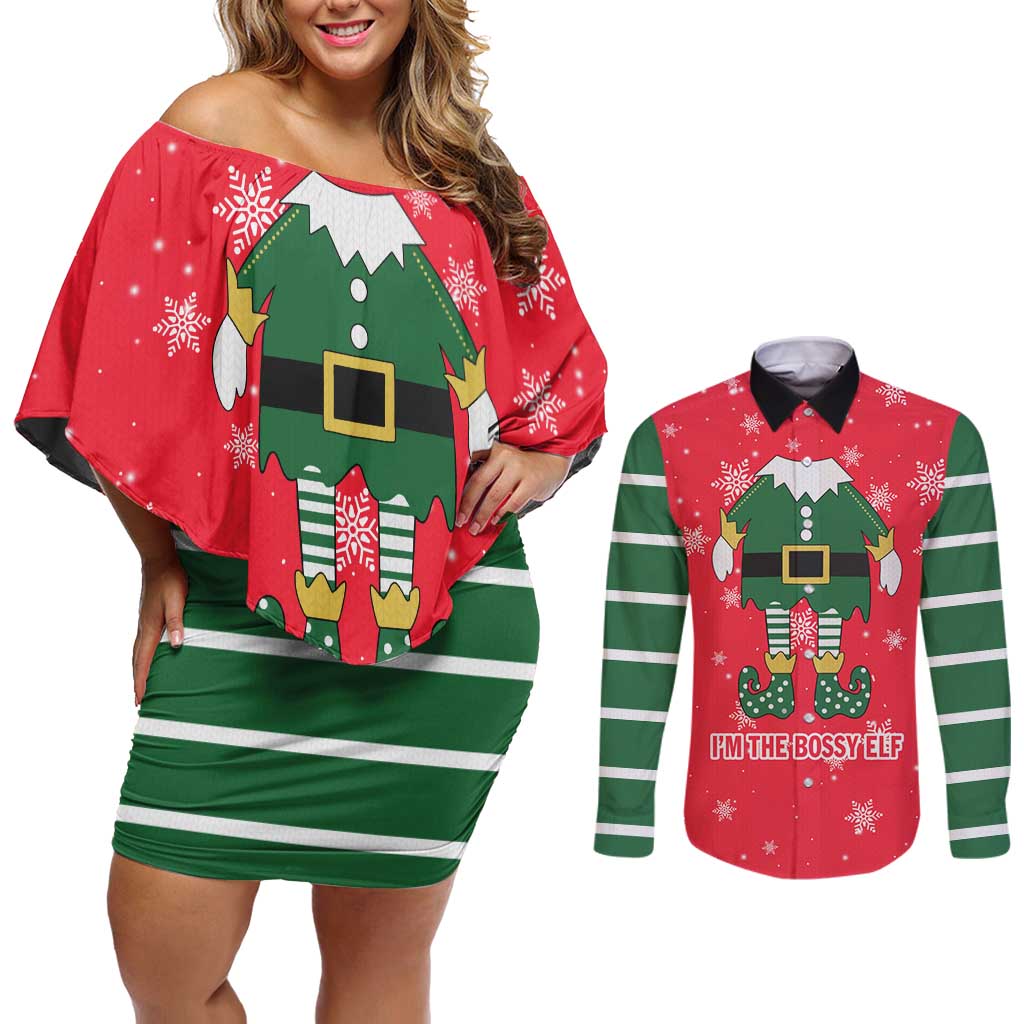 Bossy Elf Christmas Couples Matching Off Shoulder Short Dress and Long Sleeve Button Shirt with Snowflakes and Striped Sleeves - Wonder Print Shop