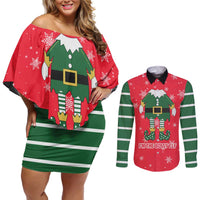 Bossy Elf Christmas Couples Matching Off Shoulder Short Dress and Long Sleeve Button Shirt with Snowflakes and Striped Sleeves - Wonder Print Shop