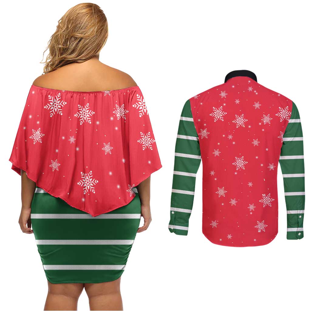 Bossy Elf Christmas Couples Matching Off Shoulder Short Dress and Long Sleeve Button Shirt with Snowflakes and Striped Sleeves - Wonder Print Shop