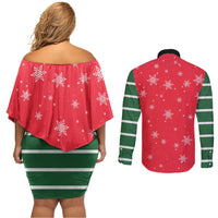 Bossy Elf Christmas Couples Matching Off Shoulder Short Dress and Long Sleeve Button Shirt with Snowflakes and Striped Sleeves - Wonder Print Shop