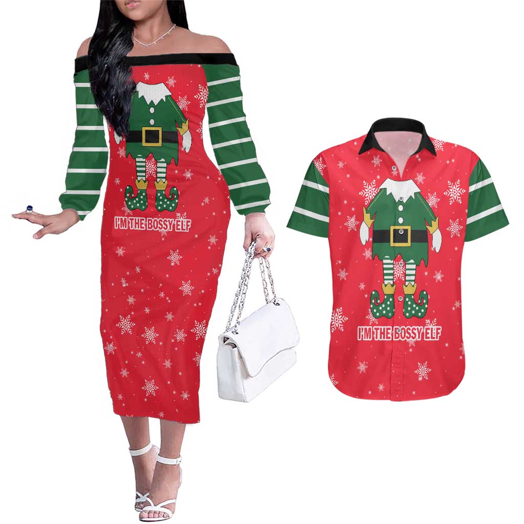 Bossy Elf Christmas Couples Matching Off The Shoulder Long Sleeve Dress and Hawaiian Shirt with Snowflakes and Striped Sleeves - Wonder Print Shop