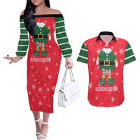 Bossy Elf Christmas Couples Matching Off The Shoulder Long Sleeve Dress and Hawaiian Shirt with Snowflakes and Striped Sleeves - Wonder Print Shop