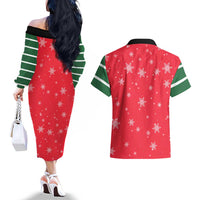 Bossy Elf Christmas Couples Matching Off The Shoulder Long Sleeve Dress and Hawaiian Shirt with Snowflakes and Striped Sleeves - Wonder Print Shop