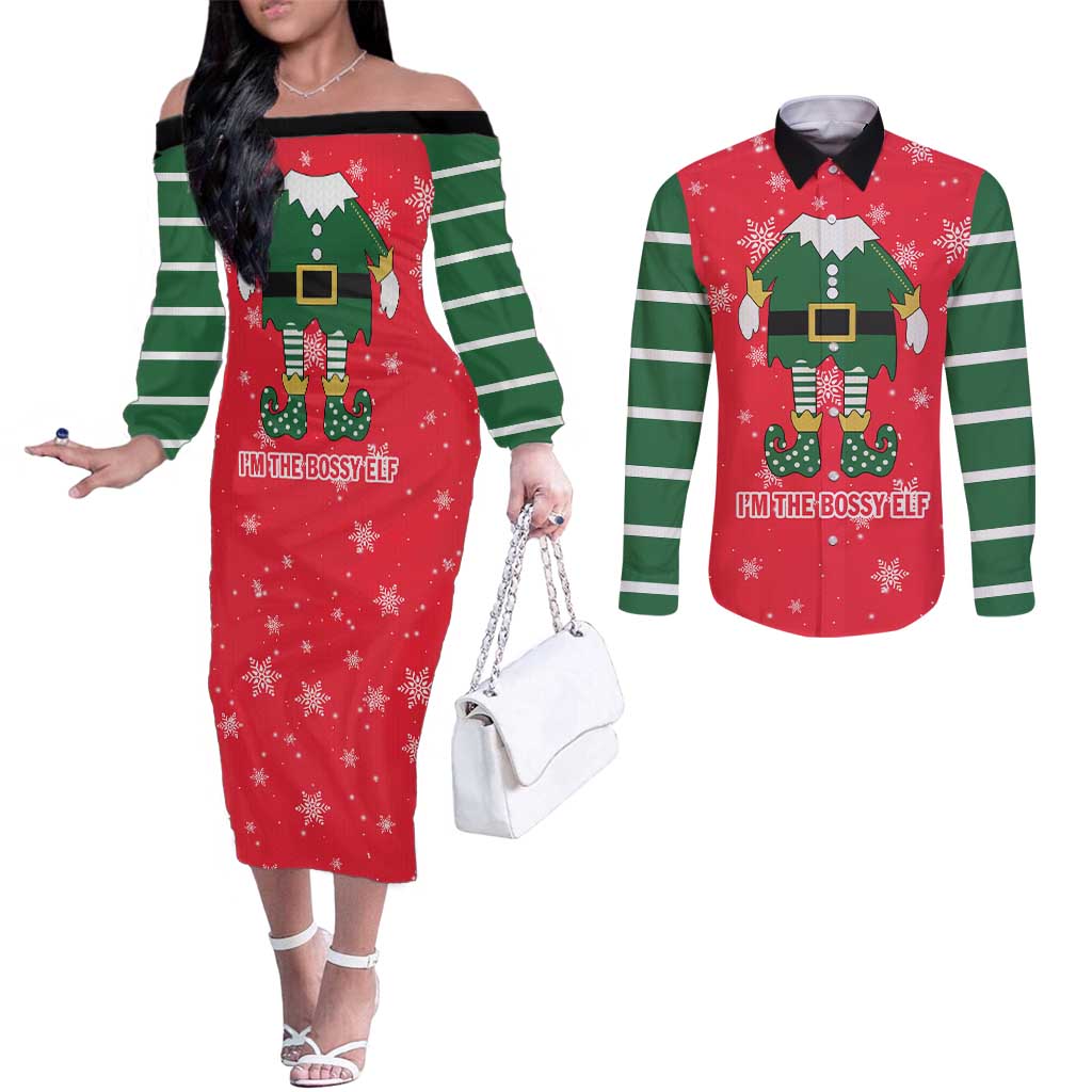 Bossy Elf Christmas Couples Matching Off The Shoulder Long Sleeve Dress and Long Sleeve Button Shirt with Snowflakes and Striped Sleeves - Wonder Print Shop