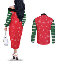 Bossy Elf Christmas Couples Matching Off The Shoulder Long Sleeve Dress and Long Sleeve Button Shirt with Snowflakes and Striped Sleeves - Wonder Print Shop