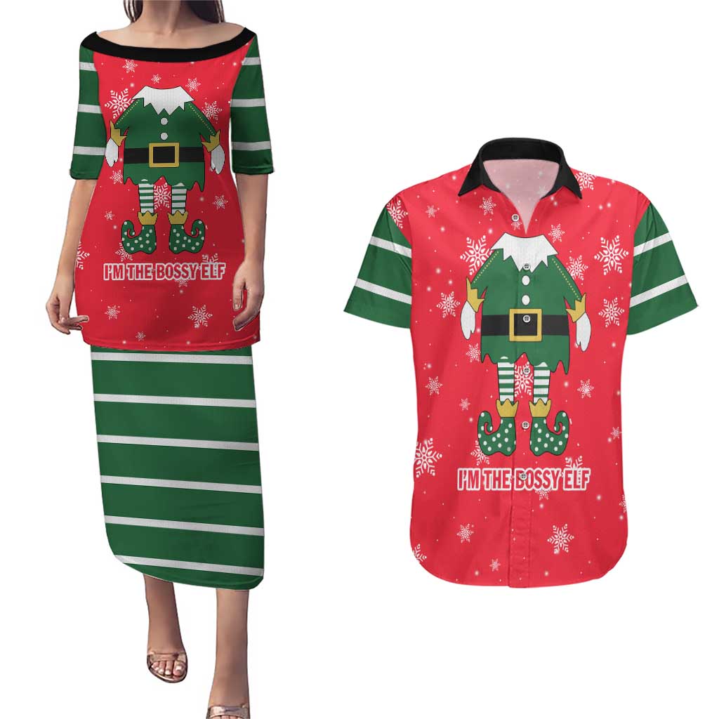 Bossy Elf Christmas Couples Matching Puletasi and Hawaiian Shirt with Snowflakes and Striped Sleeves - Wonder Print Shop
