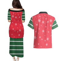 Bossy Elf Christmas Couples Matching Puletasi and Hawaiian Shirt with Snowflakes and Striped Sleeves - Wonder Print Shop