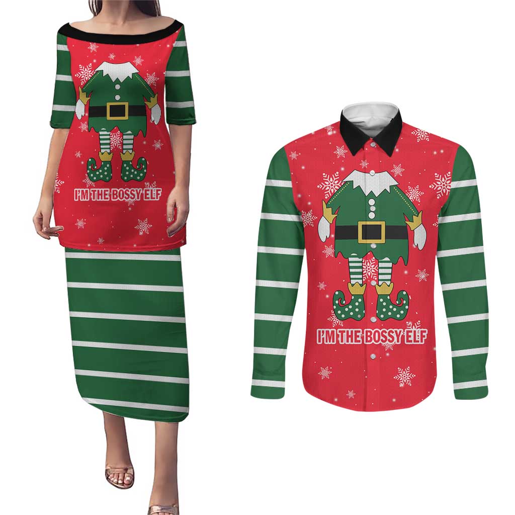 Bossy Elf Christmas Couples Matching Puletasi and Long Sleeve Button Shirt with Snowflakes and Striped Sleeves - Wonder Print Shop