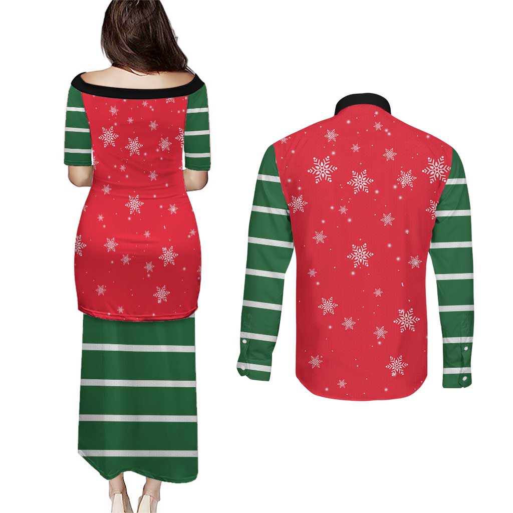 Bossy Elf Christmas Couples Matching Puletasi and Long Sleeve Button Shirt with Snowflakes and Striped Sleeves - Wonder Print Shop