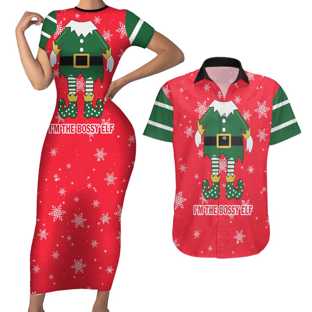 Bossy Elf Christmas Couples Matching Short Sleeve Bodycon Dress and Hawaiian Shirt with Snowflakes and Striped Sleeves - Wonder Print Shop