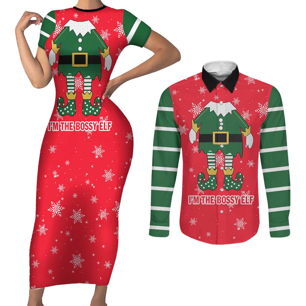 Bossy Elf Christmas Couples Matching Short Sleeve Bodycon Dress and Long Sleeve Button Shirt with Snowflakes and Striped Sleeves - Wonder Print Shop