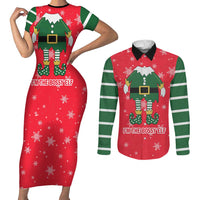 Bossy Elf Christmas Couples Matching Short Sleeve Bodycon Dress and Long Sleeve Button Shirt with Snowflakes and Striped Sleeves - Wonder Print Shop
