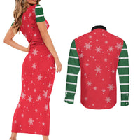 Bossy Elf Christmas Couples Matching Short Sleeve Bodycon Dress and Long Sleeve Button Shirt with Snowflakes and Striped Sleeves - Wonder Print Shop