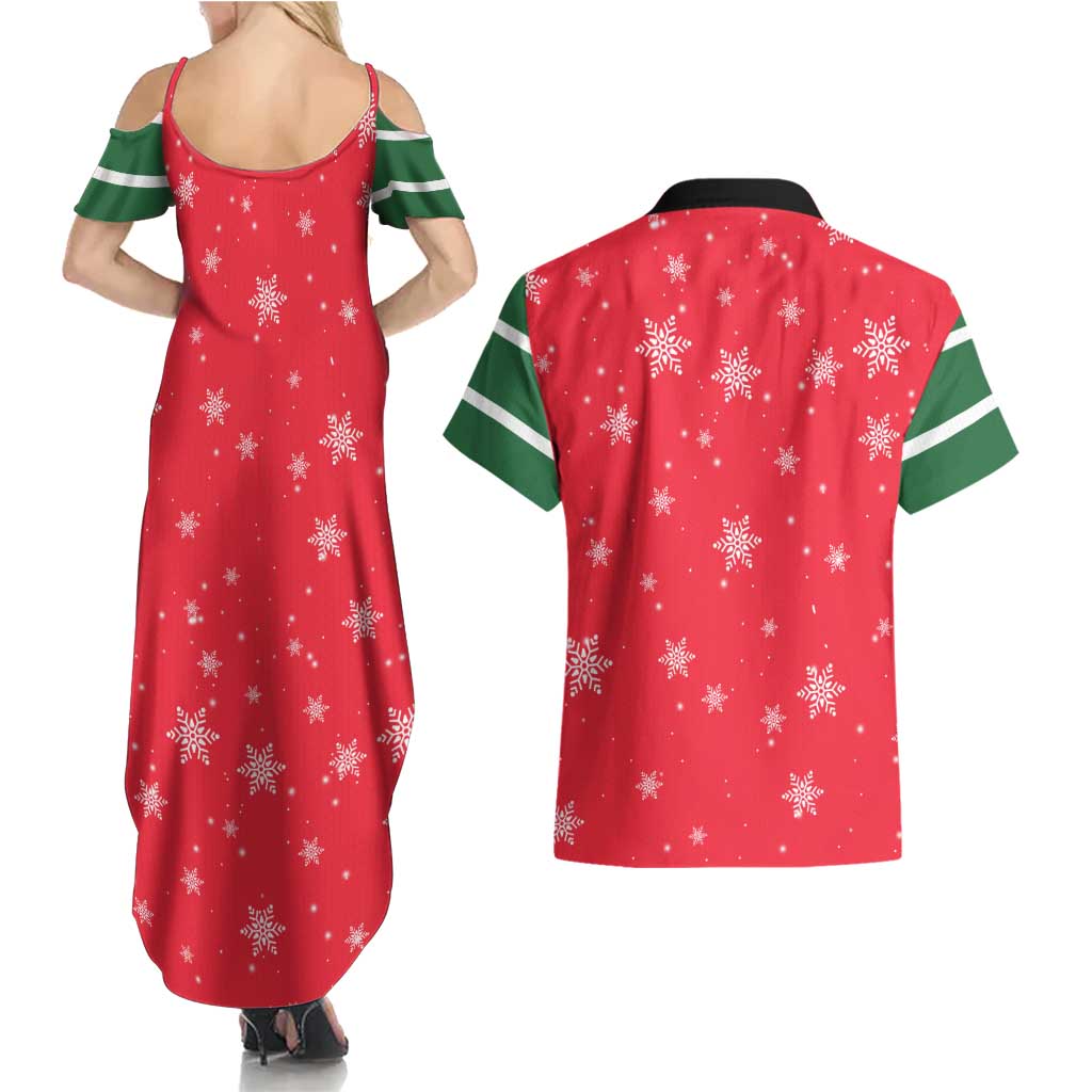 Bossy Elf Christmas Couples Matching Summer Maxi Dress and Hawaiian Shirt with Snowflakes and Striped Sleeves - Wonder Print Shop