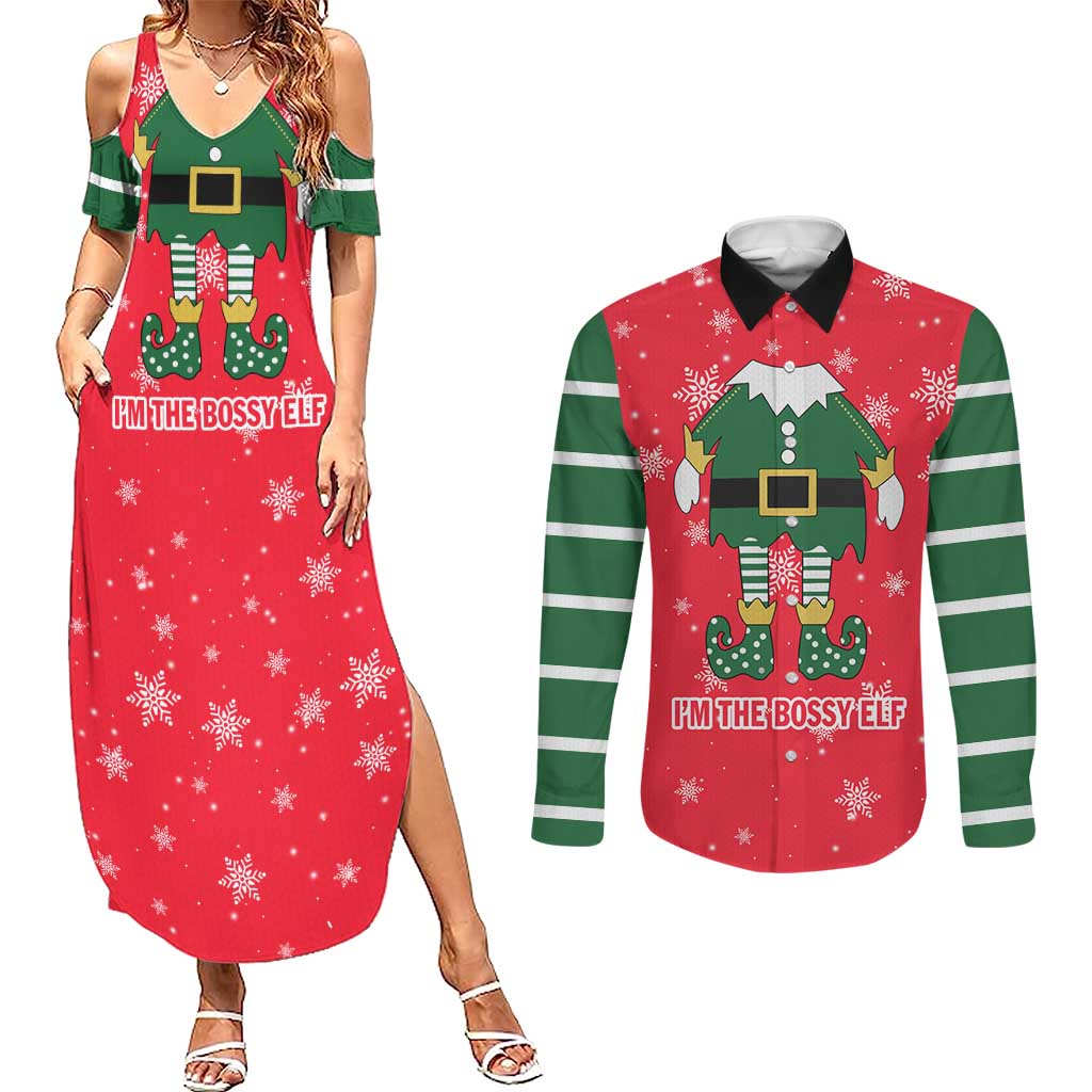 Bossy Elf Christmas Couples Matching Summer Maxi Dress and Long Sleeve Button Shirt with Snowflakes and Striped Sleeves - Wonder Print Shop