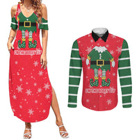 Bossy Elf Christmas Couples Matching Summer Maxi Dress and Long Sleeve Button Shirt with Snowflakes and Striped Sleeves - Wonder Print Shop